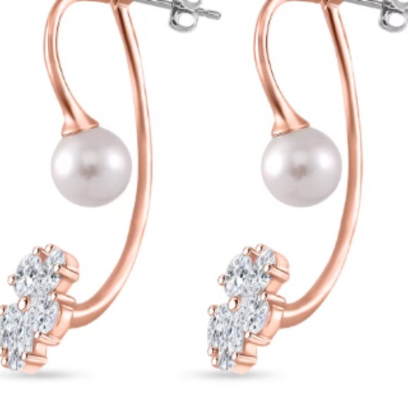 White Shell Pearl, Simulated Diamond Earrings in Rosetone - Picture 3 of 4